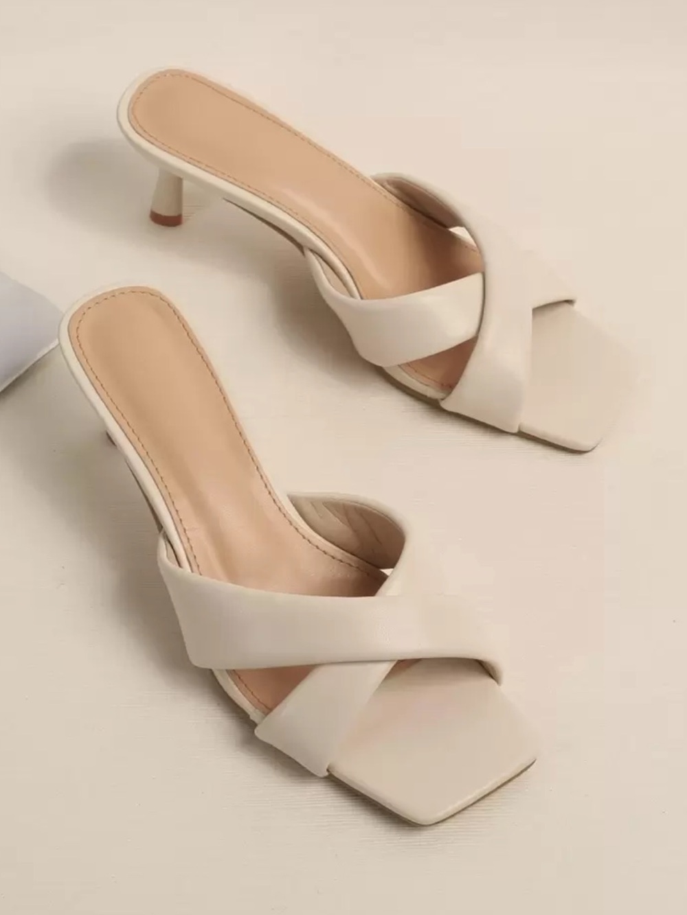 Cream Cross-Strap Kitten Heel Mules